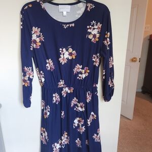French Grey Navy Floral Elastic Waist Long Sleeve Dress Size Large